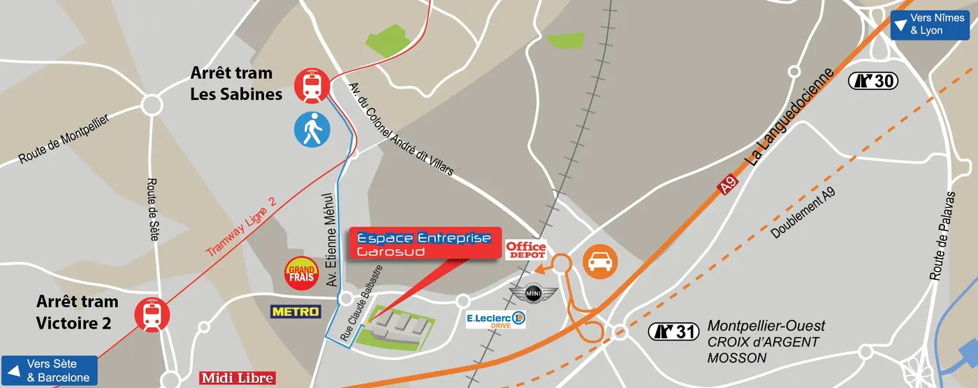 Plan d’accès tramway et bus vers Garosud